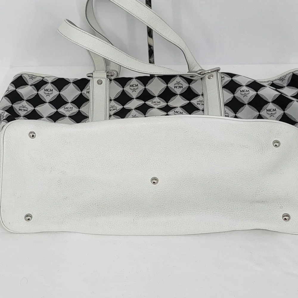 MCM Harlequin Diamond Logo Tote Bag White Leather Trim Black White T5607